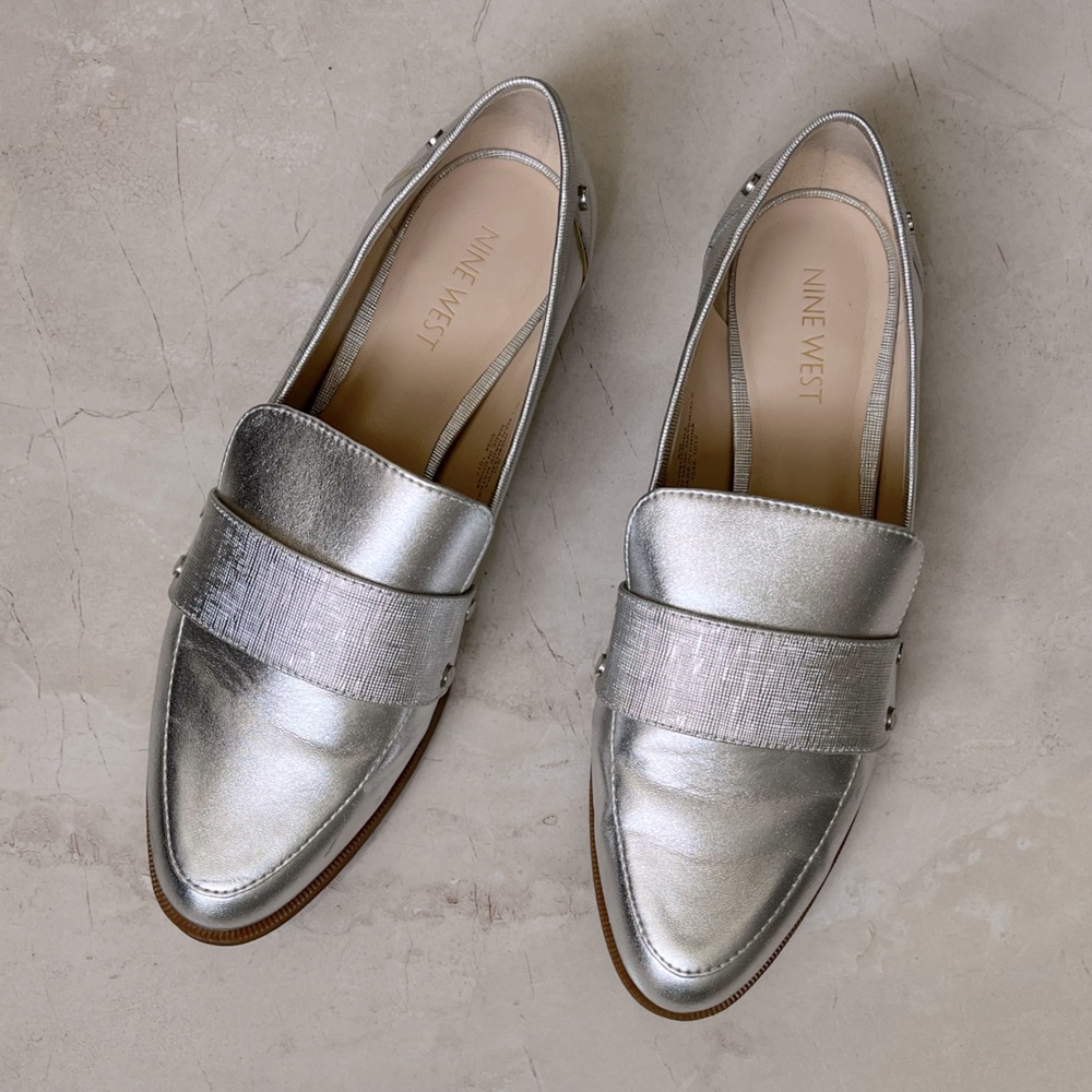 Nine West Silver Metallic Pointed-Toe Loafers